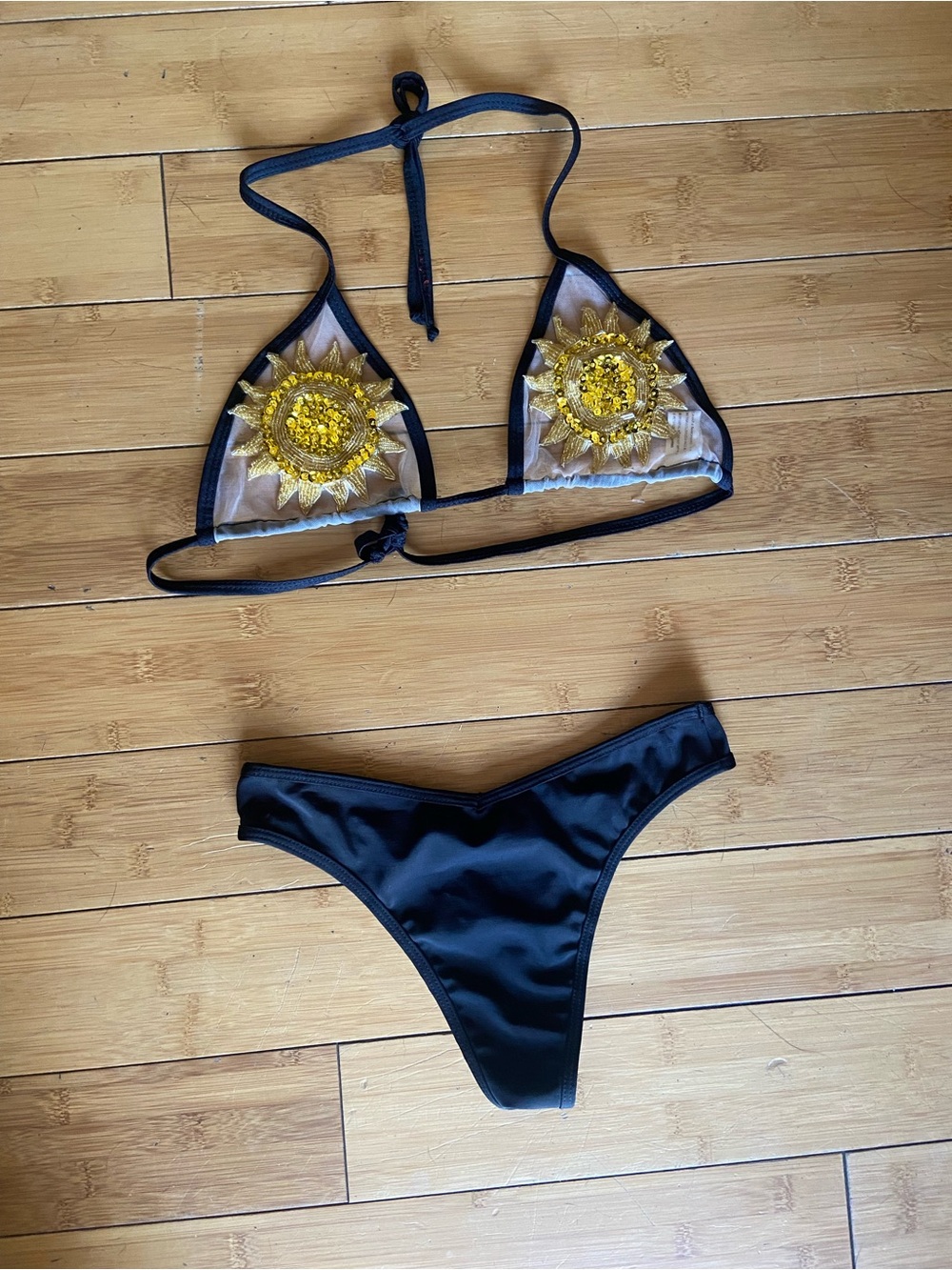 Colombian Beaded Swim Black Bikini Set with Gold Sun Appliqués